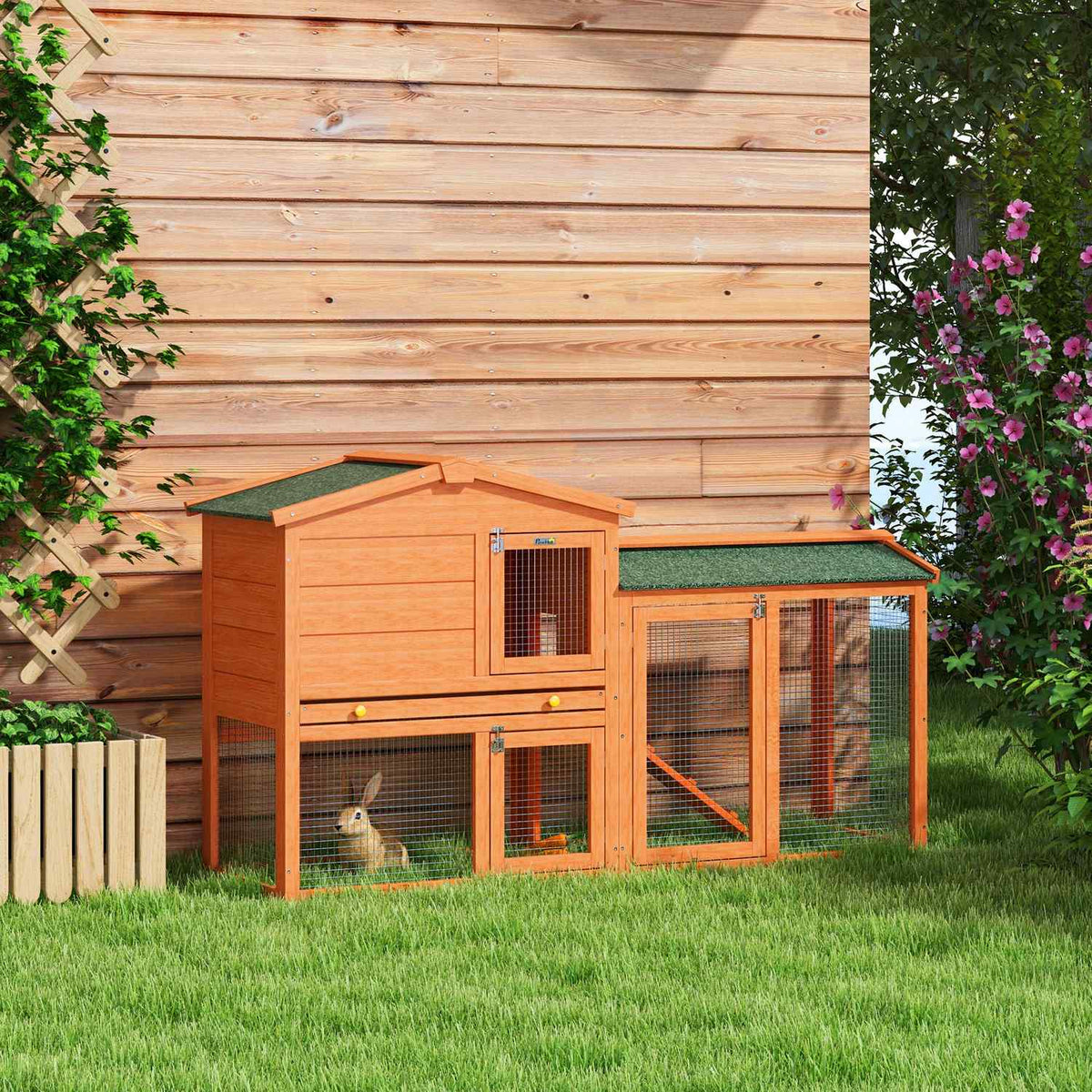 Rabbit hutch 2 levels, rabbit hutch made of fir wood, winterproof, double-decker house with outdoor enclosure, tub, ramp, 150 x 45 x 85 cm, rabbit cage, outdoor small animal hutch for rabbits, guinea pigs, orange