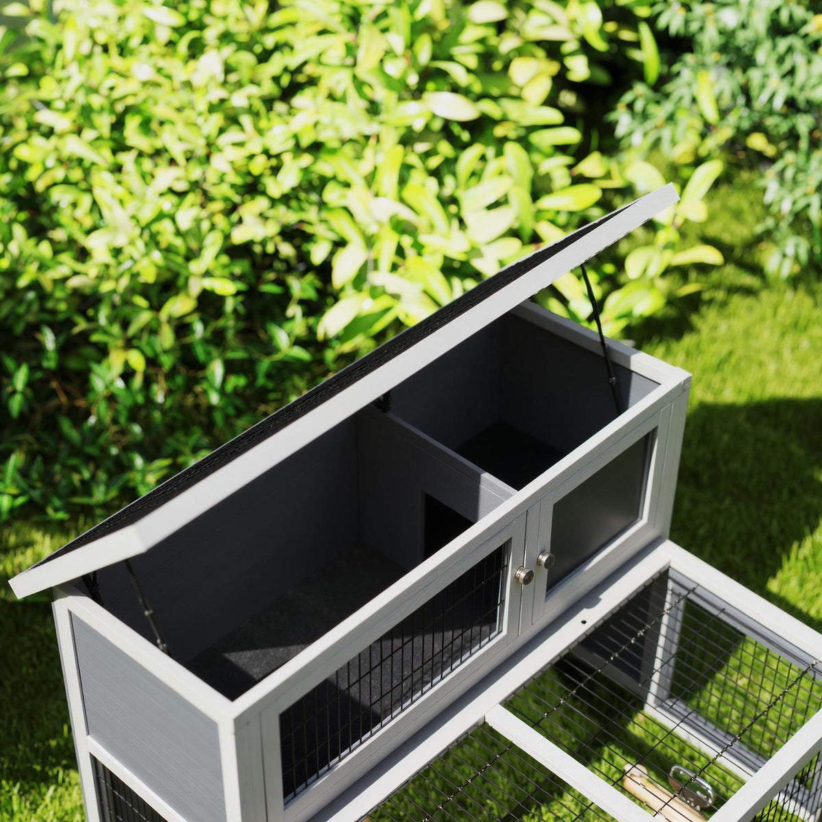 Rabbit hutch 2 levels with folding roof Rabbit hutch made of solid wood Winterproof double-decker house with outdoor enclosure 122x95x93.5 cm Rabbit cage Outdoor small animal hutch for rabbits Gray