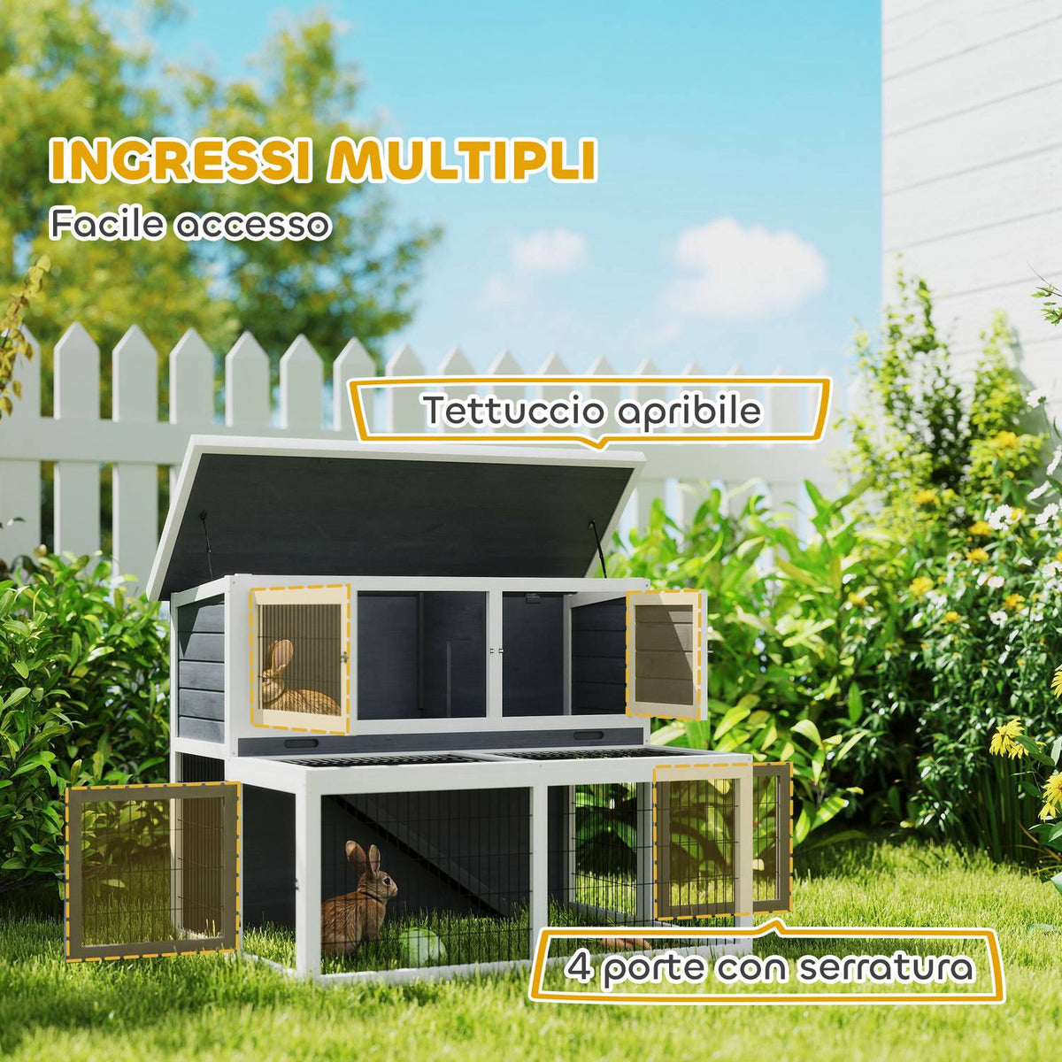 Rabbit hutch 2 levels with folding roof Rabbit hutch made of solid wood Winterproof double-decker house with outdoor enclosure 122x95x93.5 cm Rabbit cage Outdoor small animal hutch for rabbits Gray