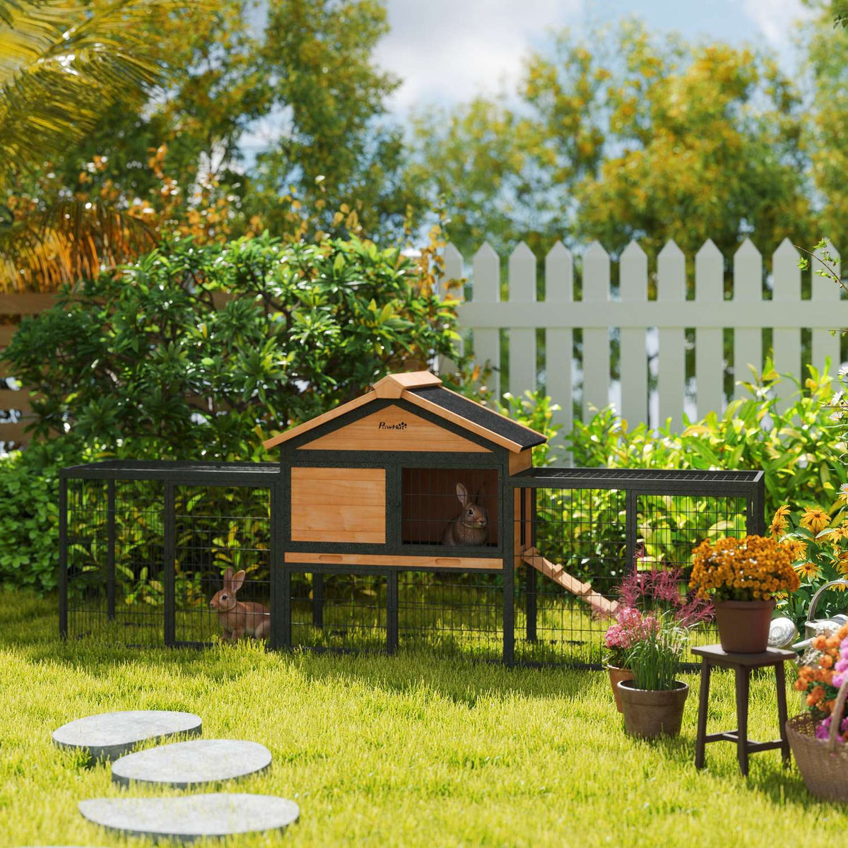 Rabbit hutch 2 levels with gable roof Rabbit hutch made of solid wood Winterproof Double-decker house with outdoor enclosure 217x53x86 cm Rabbit cage Outdoor small animal hutch for rabbits Yellow