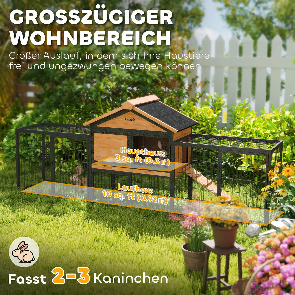 Rabbit hutch 2 levels with gable roof Rabbit hutch made of solid wood Winterproof Double-decker house with outdoor enclosure 217x53x86 cm Rabbit cage Outdoor small animal hutch for rabbits Yellow