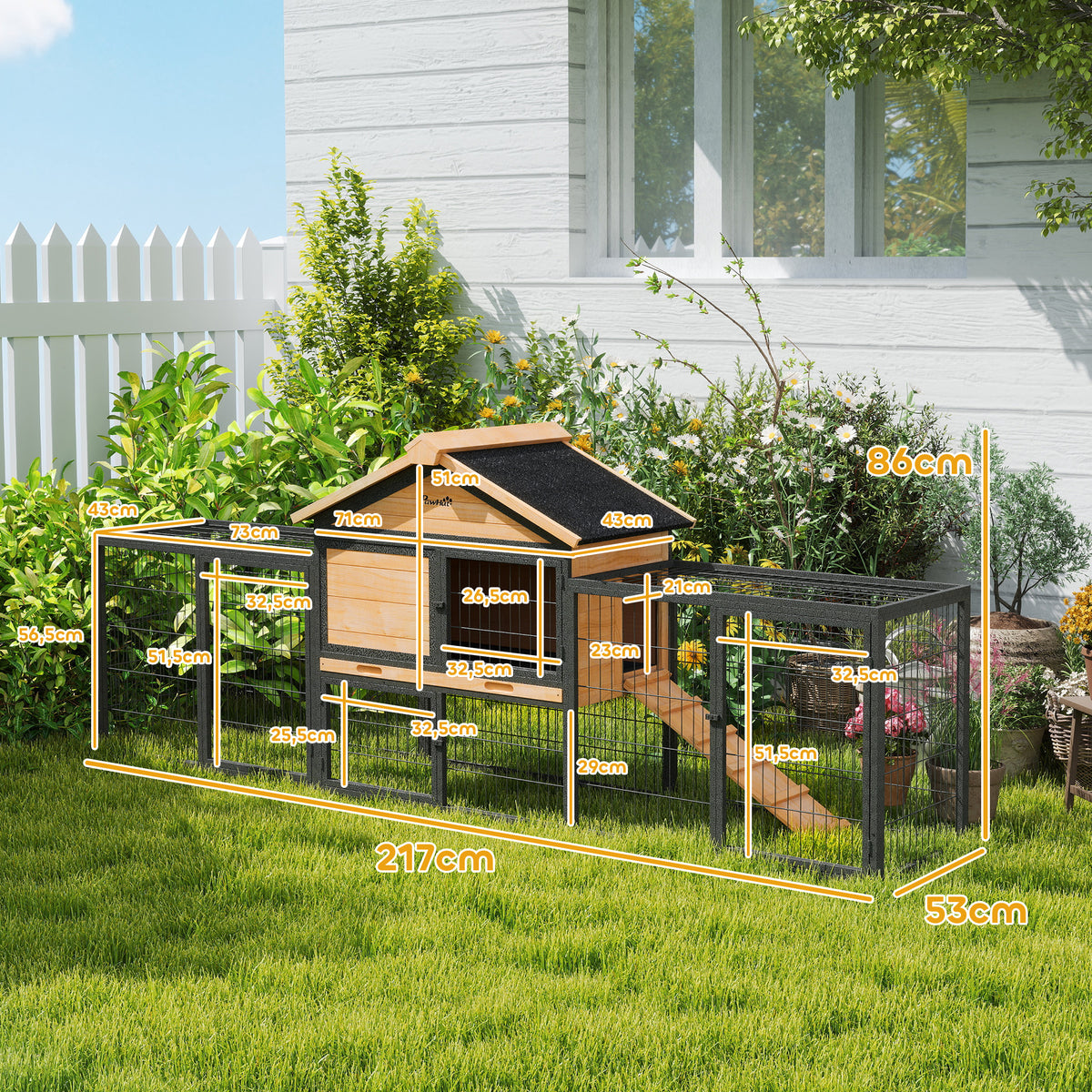 Rabbit hutch 2 levels with gable roof Rabbit hutch made of solid wood Winterproof Double-decker house with outdoor enclosure 217x53x86 cm Rabbit cage Outdoor small animal hutch for rabbits Yellow