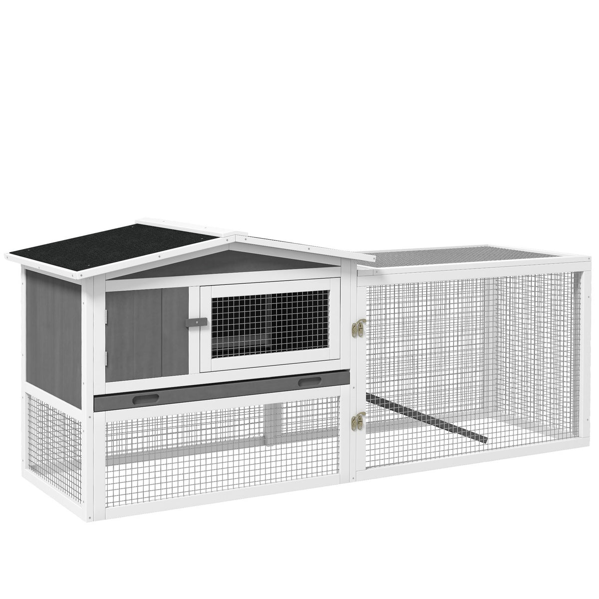Rabbit hutch for dwarf rabbits, rabbit hutch with free-range enclosure, floor tray, ramp, small animal hutch made of wood, guinea pig enclosure with 2 floors, viewing window, 156x58x68 cm, light gray |