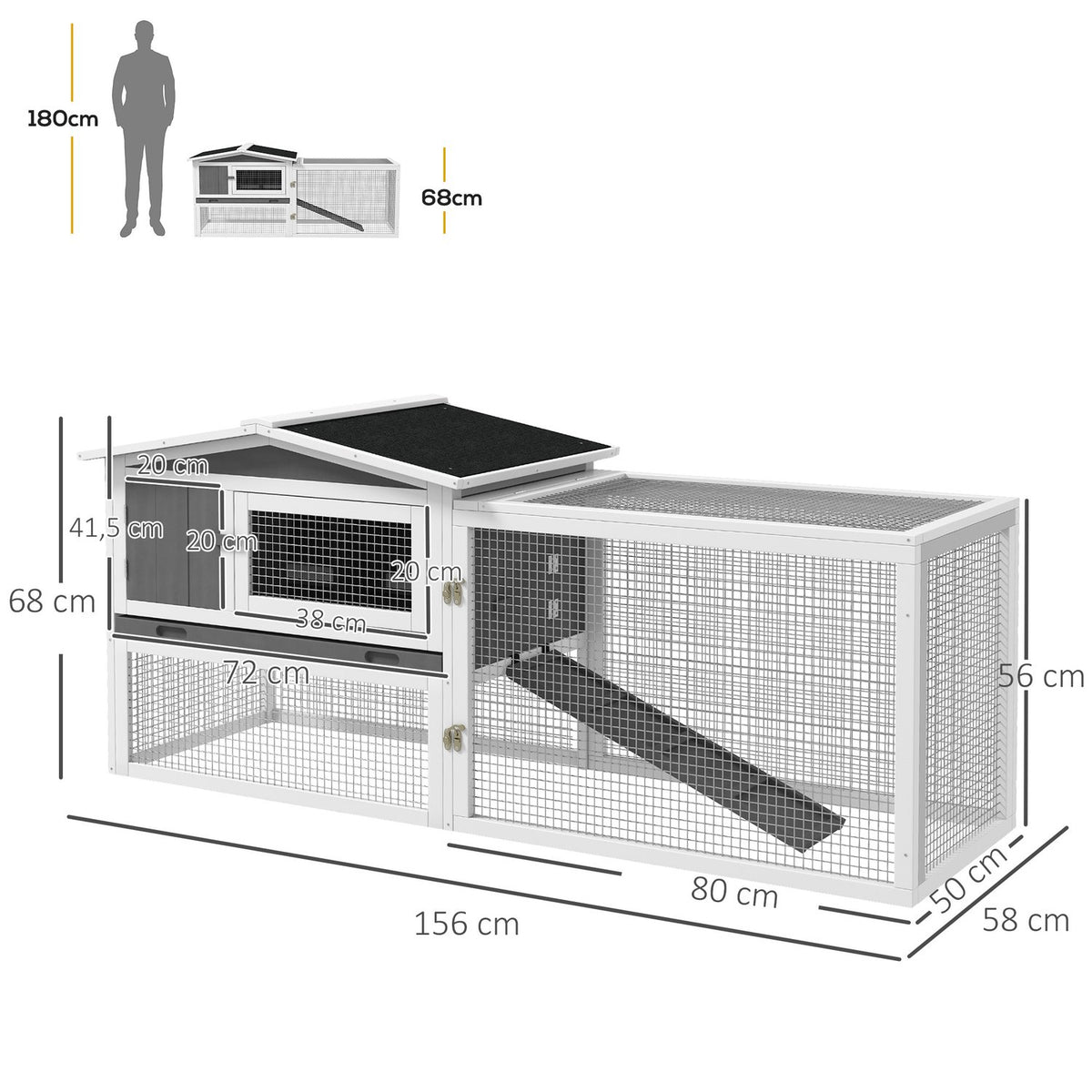 Rabbit hutch for dwarf rabbits, rabbit hutch with free-range enclosure, floor tray, ramp, small animal hutch made of wood, guinea pig enclosure with 2 floors, viewing window, 156x58x68 cm, light gray |