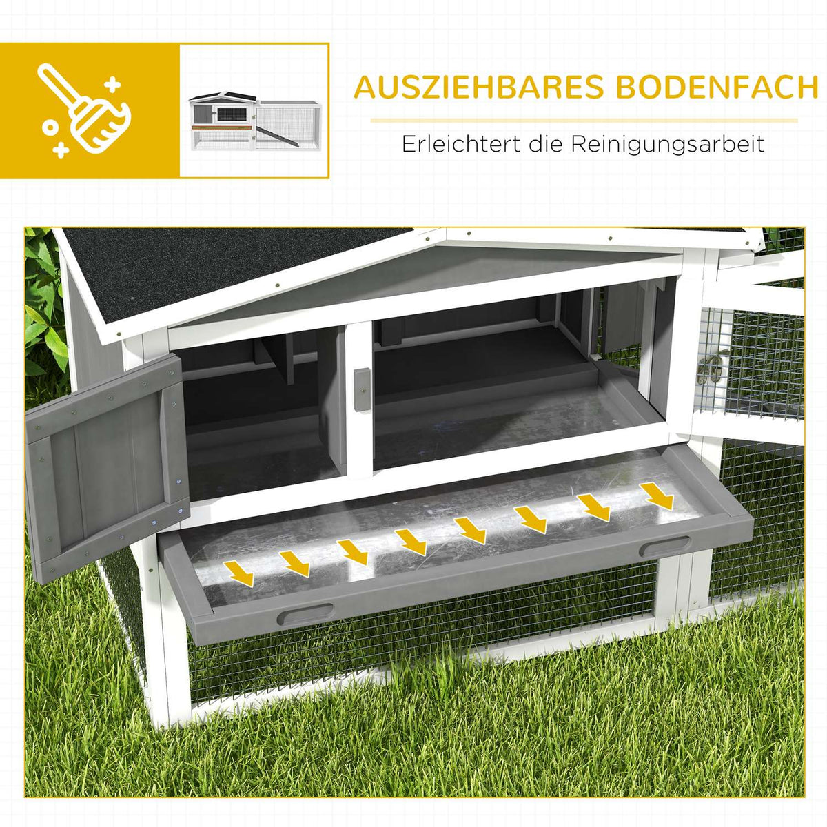 Rabbit hutch for dwarf rabbits, rabbit hutch with free-range enclosure, floor tray, ramp, small animal hutch made of wood, guinea pig enclosure with 2 floors, viewing window, 156x58x68 cm, light gray |