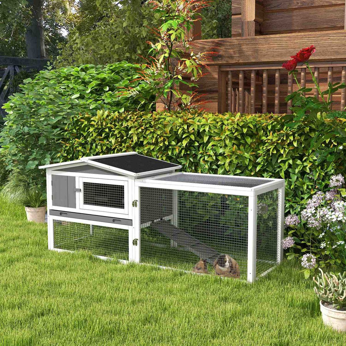 Rabbit hutch for dwarf rabbits, rabbit hutch with free-range enclosure, floor tray, ramp, small animal hutch made of wood, guinea pig enclosure with 2 floors, viewing window, 156x58x68 cm, light gray |