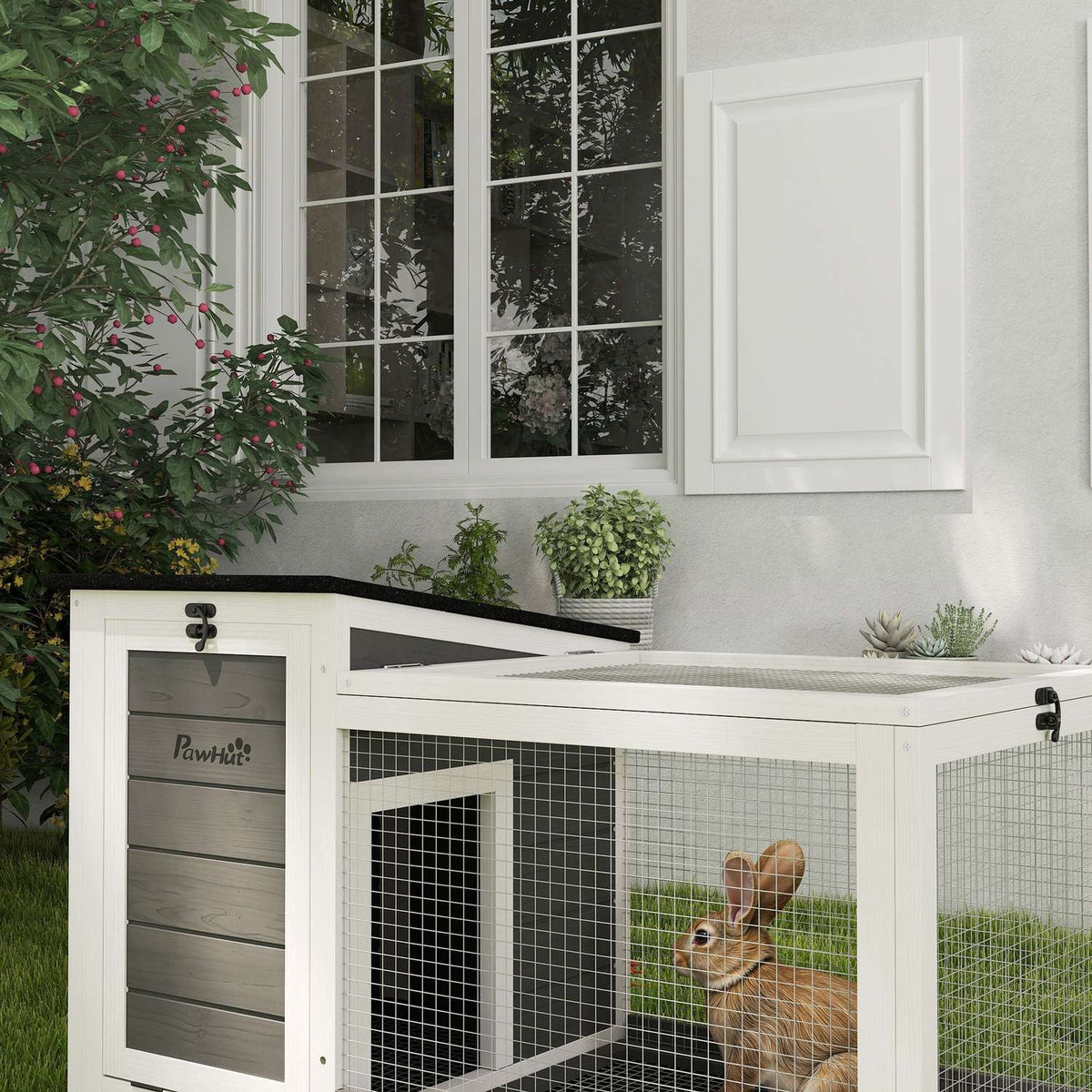 Rabbit hutch made of wood, rabbit hutch with outdoor run, wheels, folding roof, extendable tray, metal grid, winterproof, guinea pig hutch, rabbit cage for indoors, outdoors, 92 x 52 x 67 cm, dark gray