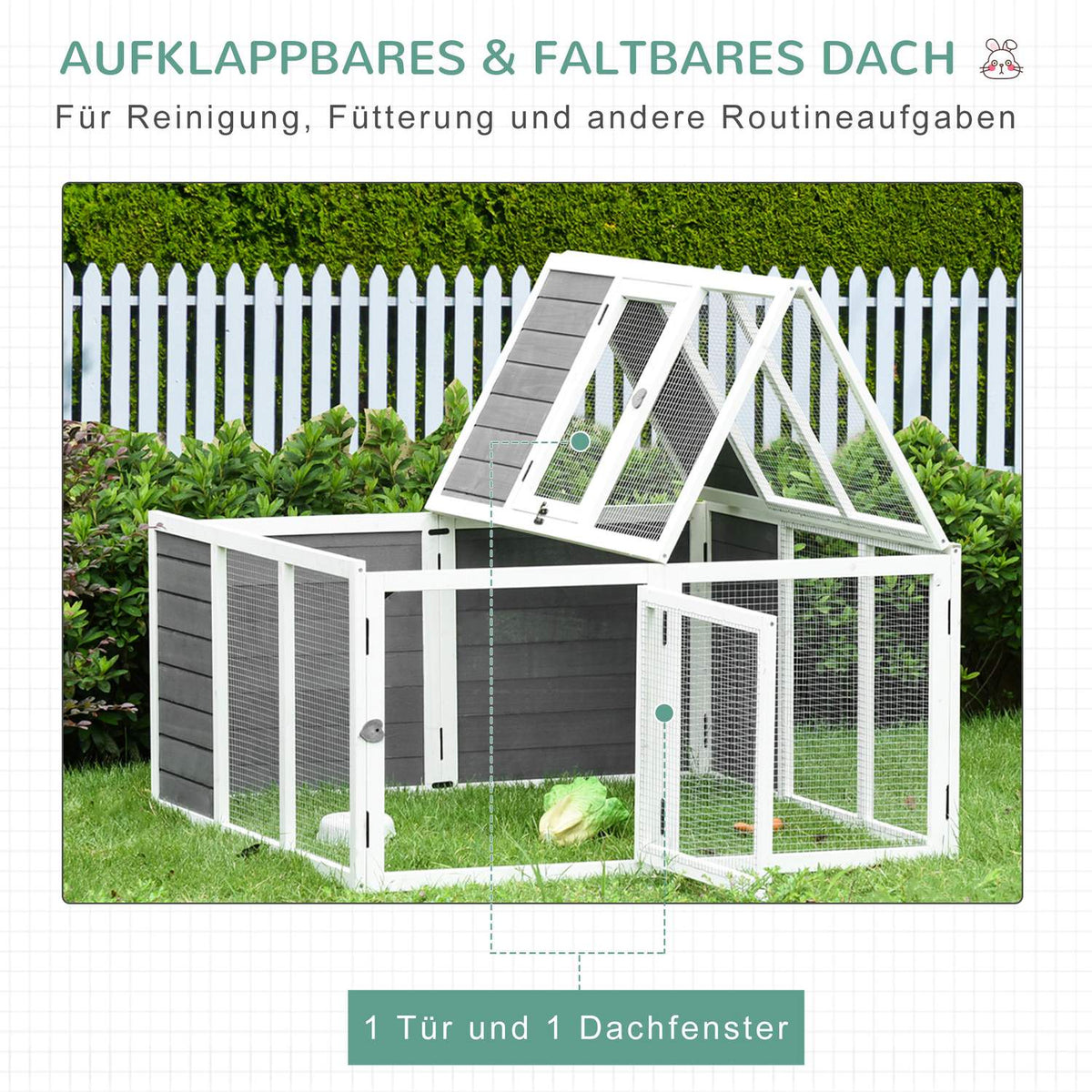 Rabbit hutch with free-range enclosure, rabbit cage, small animal enclosure, hinged roof, raised floor, fir wood, 120 x 120 x 60 cm