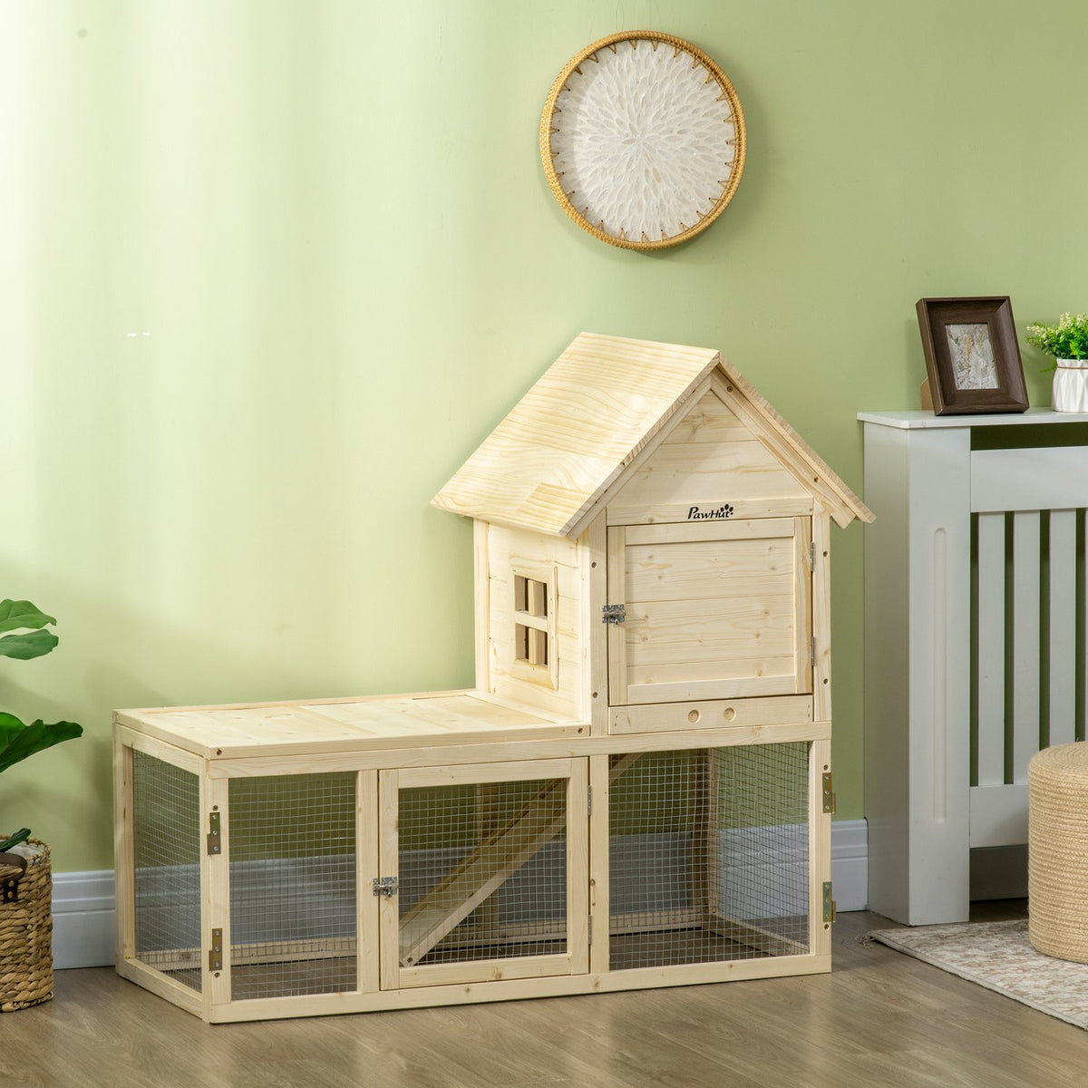Rabbit hutch wooden small animal hutch outdoor enclosure extendable tub ramp guinea pig natural 151.5x106x97cm