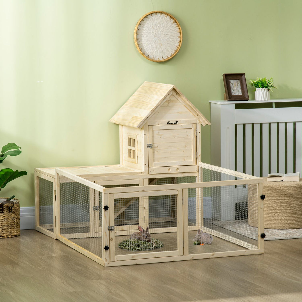 Rabbit hutch wooden small animal hutch outdoor enclosure extendable tub ramp guinea pig natural 151.5x106x97cm