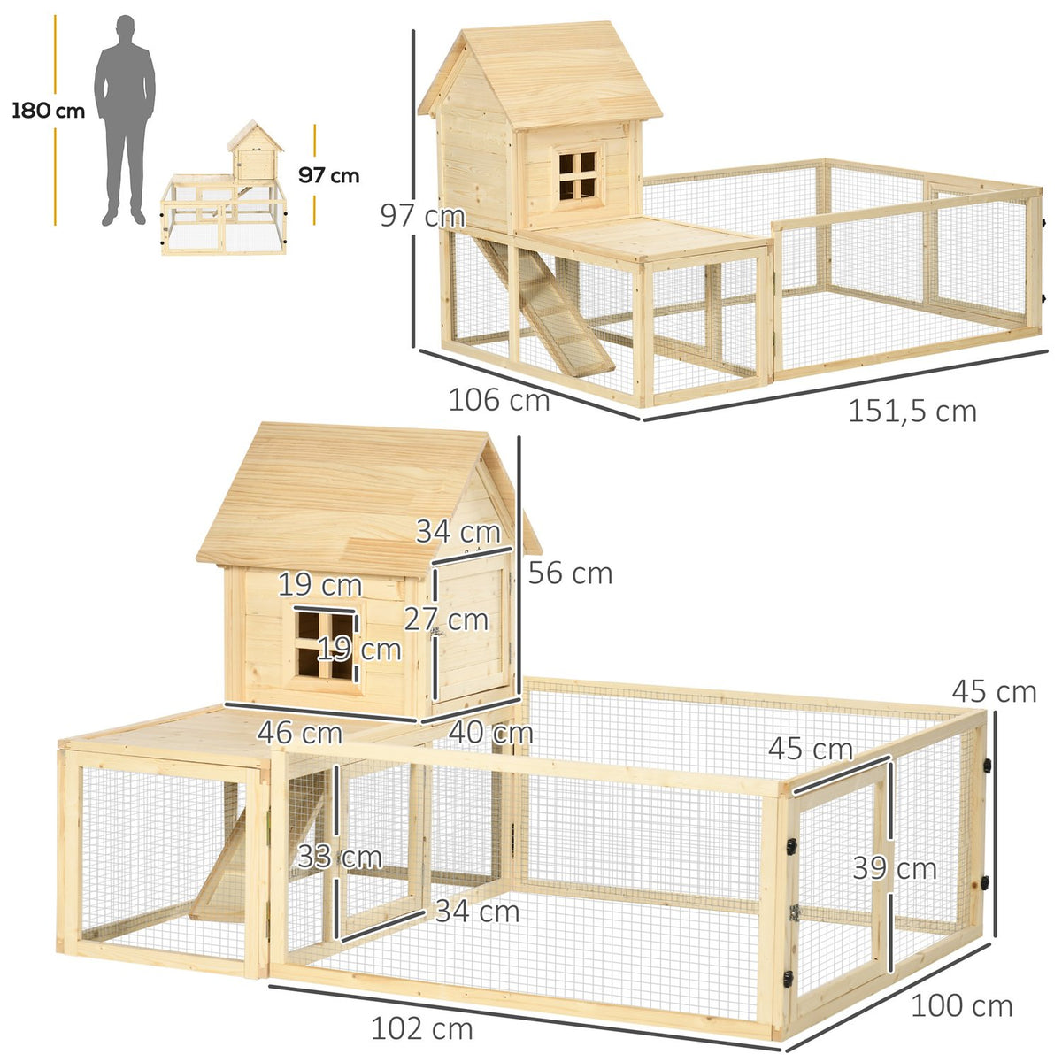 Rabbit hutch wooden small animal hutch outdoor enclosure extendable tub ramp guinea pig natural 151.5x106x97cm