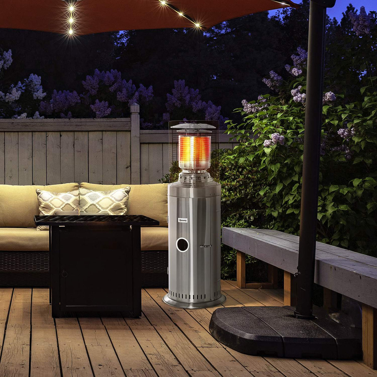 Radiant patio heater 10KW rollable with handle & wheels, rotary knob, stainless steel silver Ø55.6 x 143 cm for garden & terrace