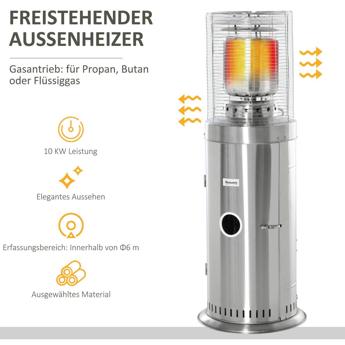 Radiant patio heater 10KW rollable with handle & wheels, rotary knob, stainless steel silver Ø55.6 x 143 cm for garden & terrace