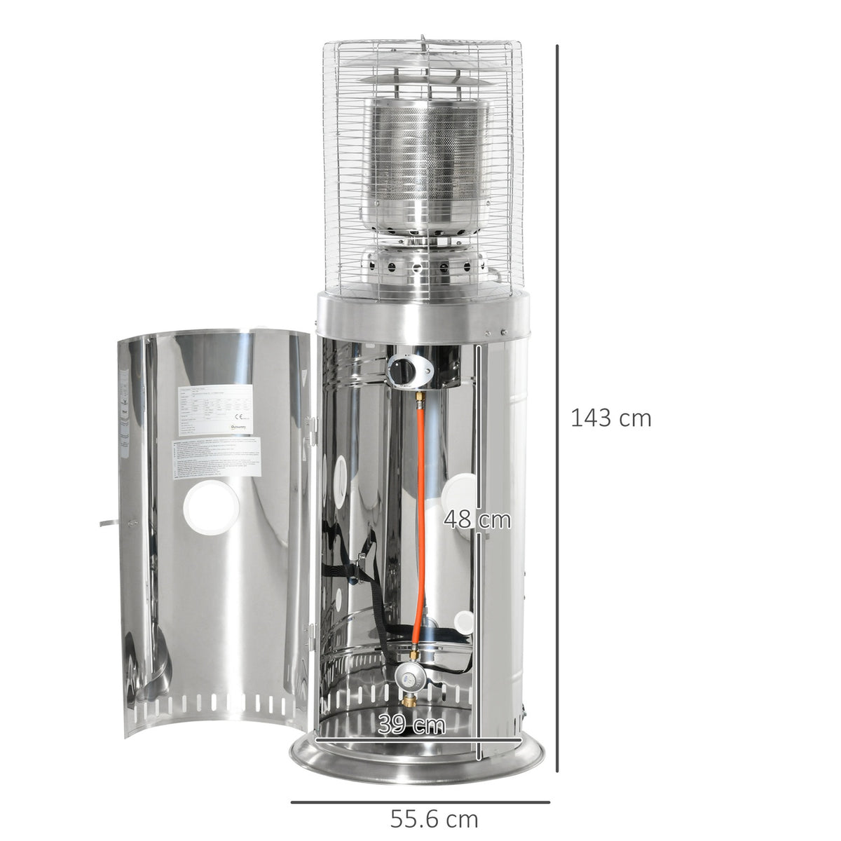 Radiant patio heater 10KW rollable with handle & wheels, rotary knob, stainless steel silver Ø55.6 x 143 cm for garden & terrace