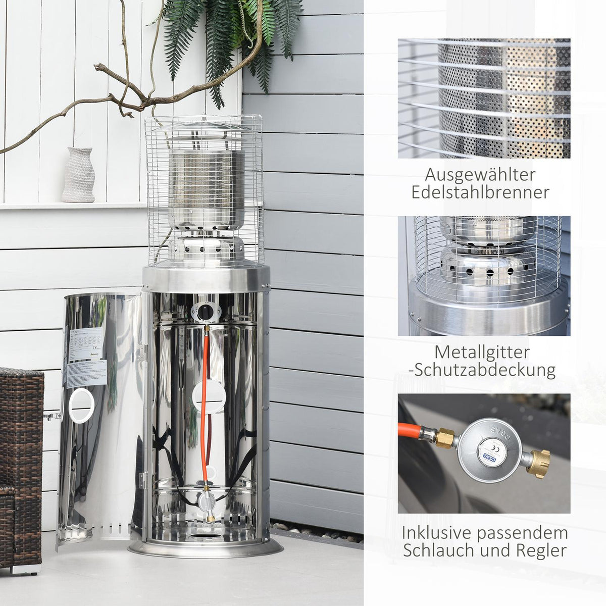 Radiant patio heater 10KW rollable with handle & wheels, rotary knob, stainless steel silver Ø55.6 x 143 cm for garden & terrace