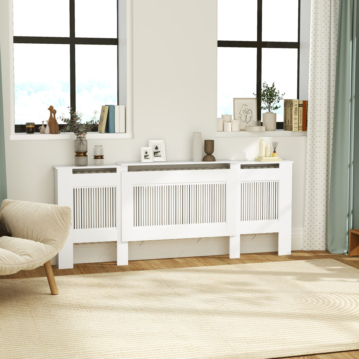 Radiator cover extendable radiator cover with shelf, slats, heating cover heating cover radiator cover 125-201 x 19 x 81.5 cm white