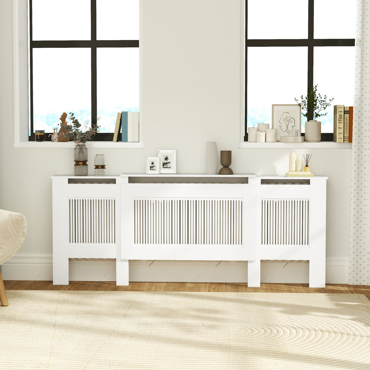 Radiator cover extendable radiator cover with shelf, slats, heating cover heating cover radiator cover 125-201 x 19 x 81.5 cm white