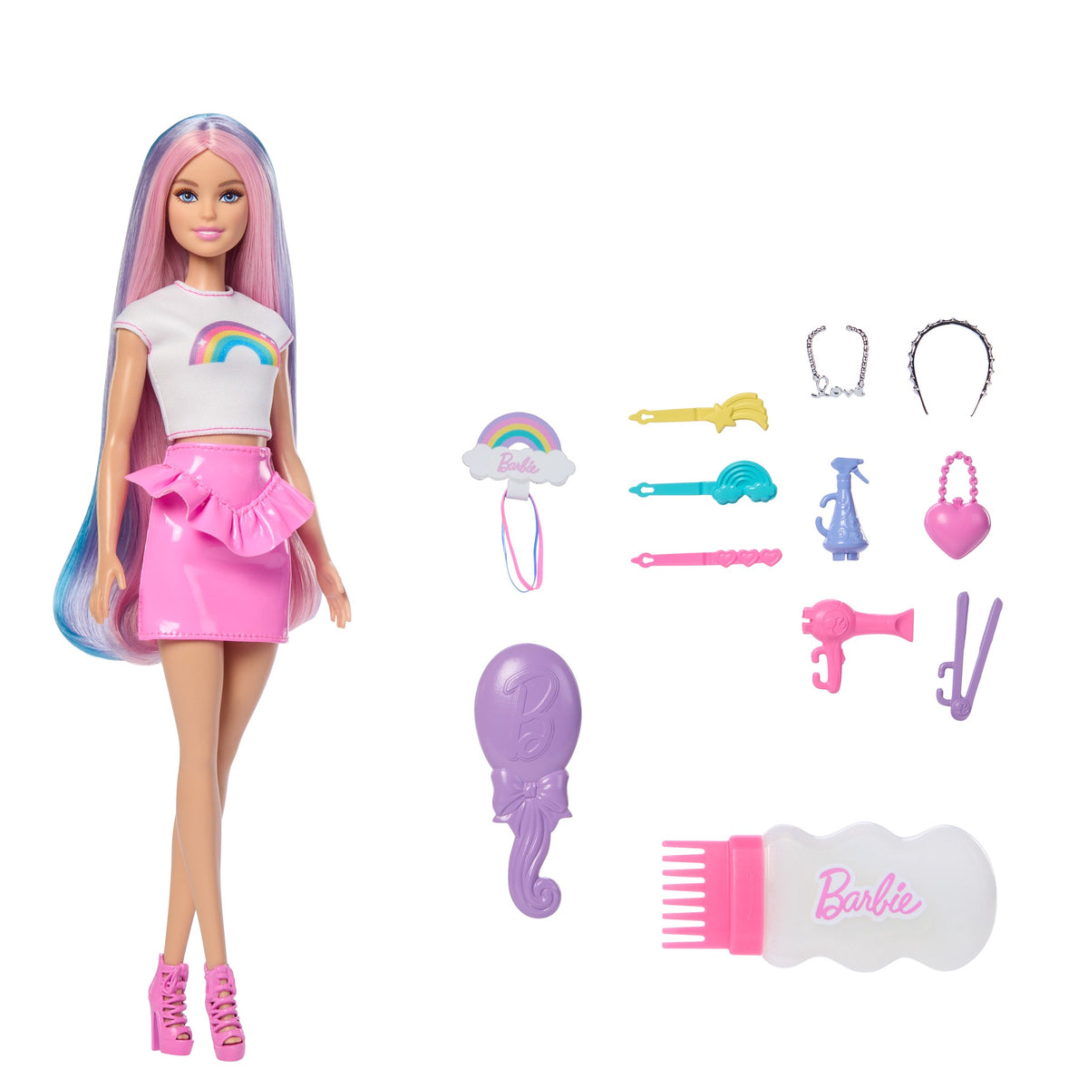 Rainbow Hair Barbie Doll with Glitter Comb & Accessories