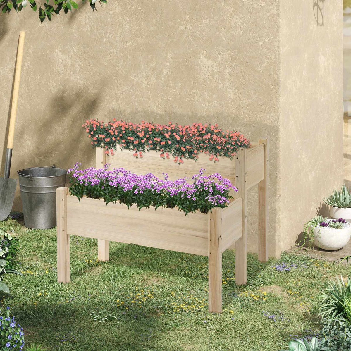 Raised Bed 2 Tier Cold Frame Herb Bed Made Of Solid Wood With 8 Drainage Holes, Natural, 86X85X72Cm