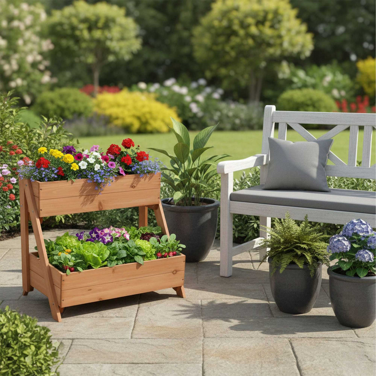 Raised Bed, 2-Tier Fir Wood Balcony Planter With Liners