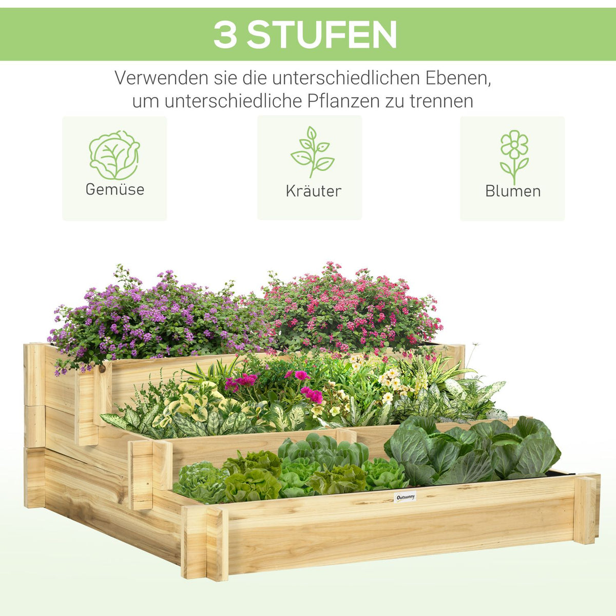 Raised Bed 3 Tier Flower Box Plant Bed With Fabric Lining Herb Bed Flower Stairs For Balcony Garden Wood Natural 93 X 93 X 35 Cm