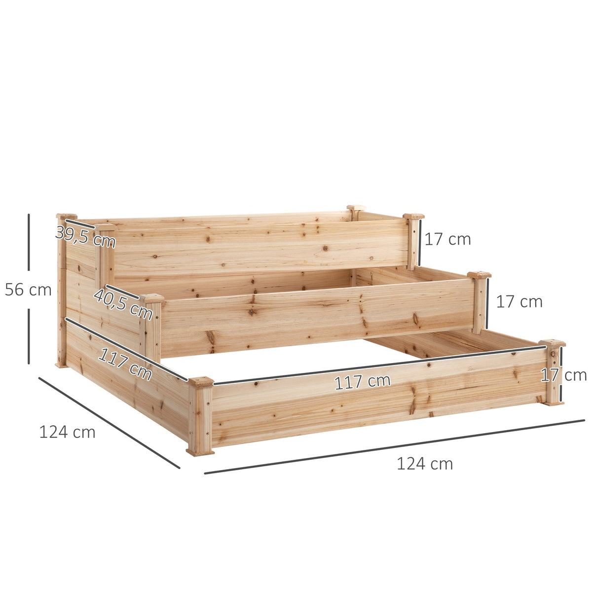 Raised Bed 3-Tier Garden Bed Plant Bed Herb Bed Flower Stairs For Balcony Garden Natural Fir Wood 124 X 124 X 56 Cm
