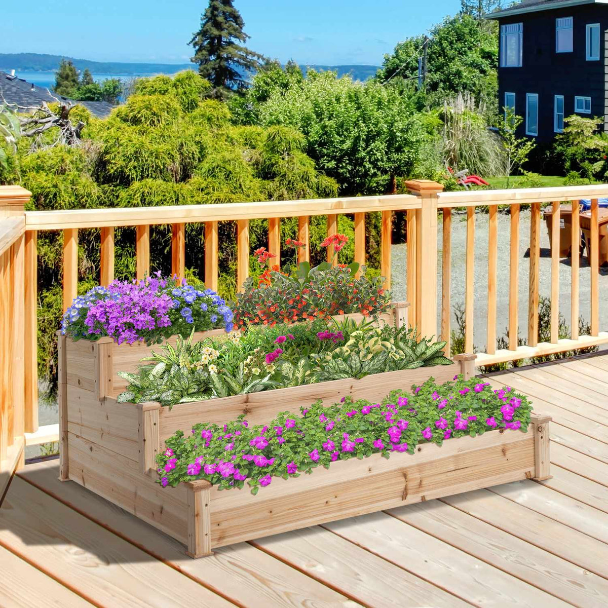 Raised Bed 3-Tier Garden Bed Plant Bed Herb Bed Flower Stairs For Balcony Garden Natural Fir Wood 124 X 124 X 56 Cm