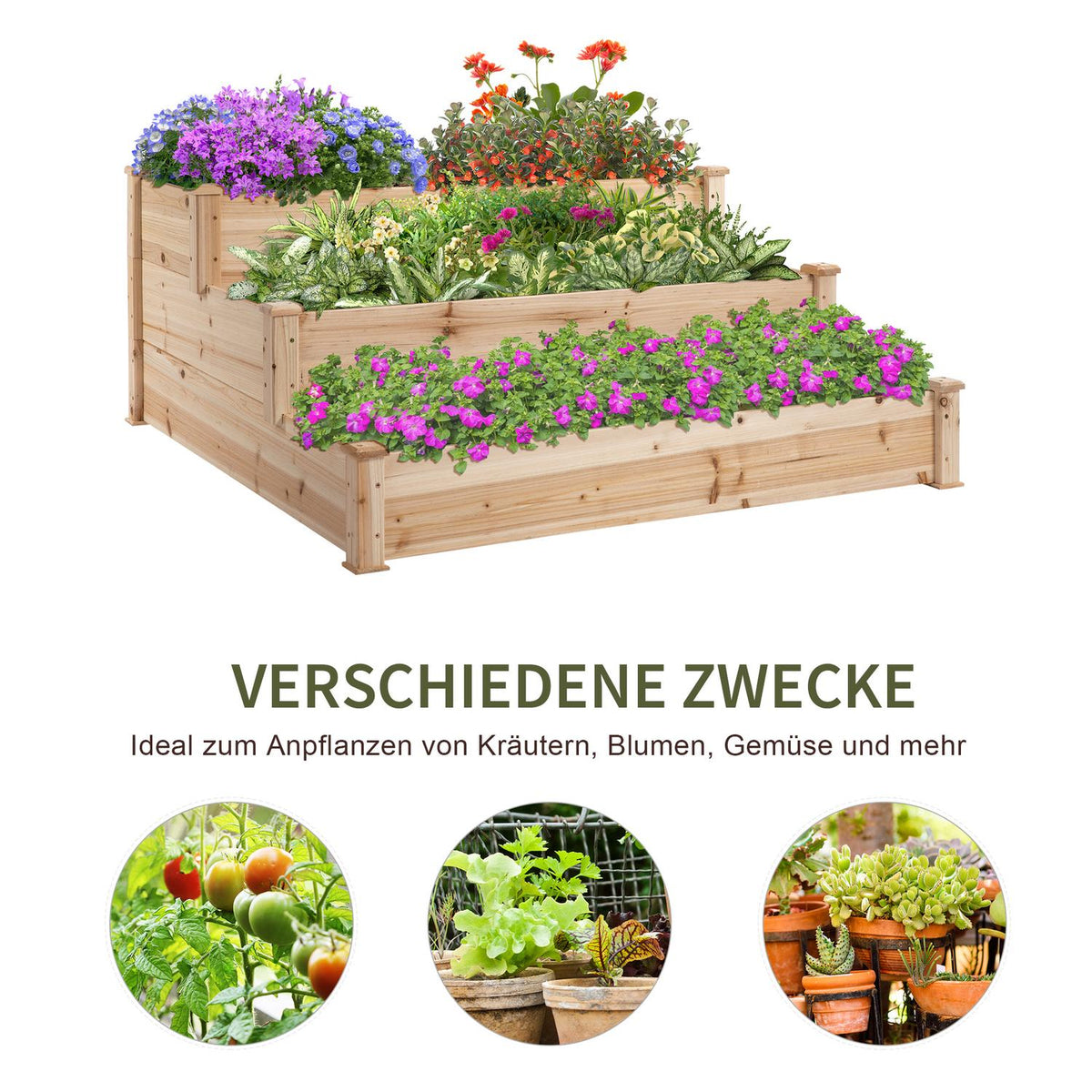 Raised Bed 3-Tier Garden Bed Plant Bed Herb Bed Flower Stairs For Balcony Garden Natural Fir Wood 124 X 124 X 56 Cm