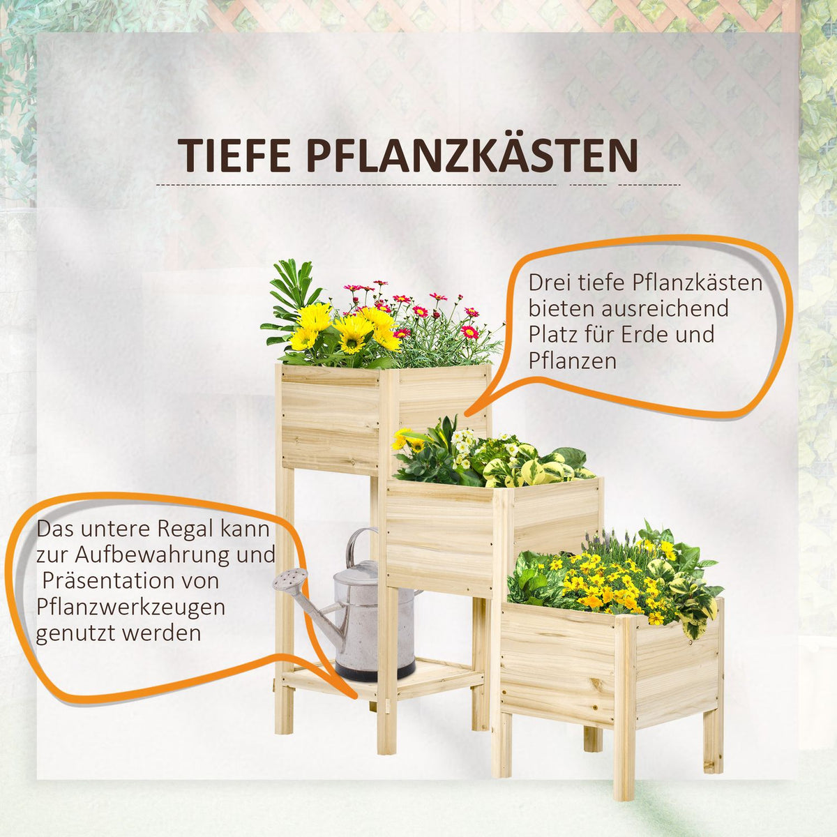 Raised Bed 3 Tier Wooden Plant Pot For Garden & Balcony, Natural, 125X45X108Cm