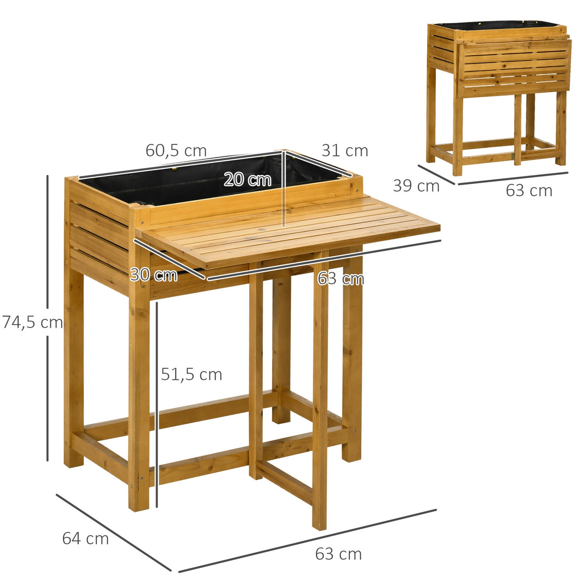 Raised Bed Flower Box Planter With Folding Table Top, Herb Bed With Inner Lining Made Of Fleece, Wood, Brown, 64 X 80 X 30 Cm
