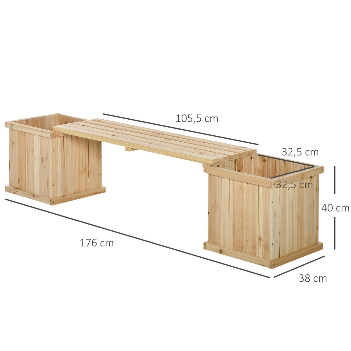 Raised Bed Garden Bench Wooden Bench Park Bench With 2 Wooden Plant Boxes With Flower Box Garden Natural 176 X 38 X 40 Cm