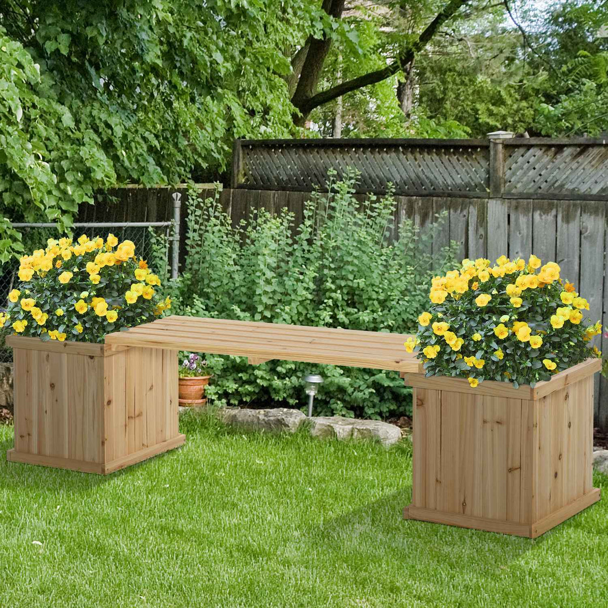 Raised Bed Garden Bench Wooden Bench Park Bench With 2 Wooden Plant Boxes With Flower Box Garden Natural 176 X 38 X 40 Cm