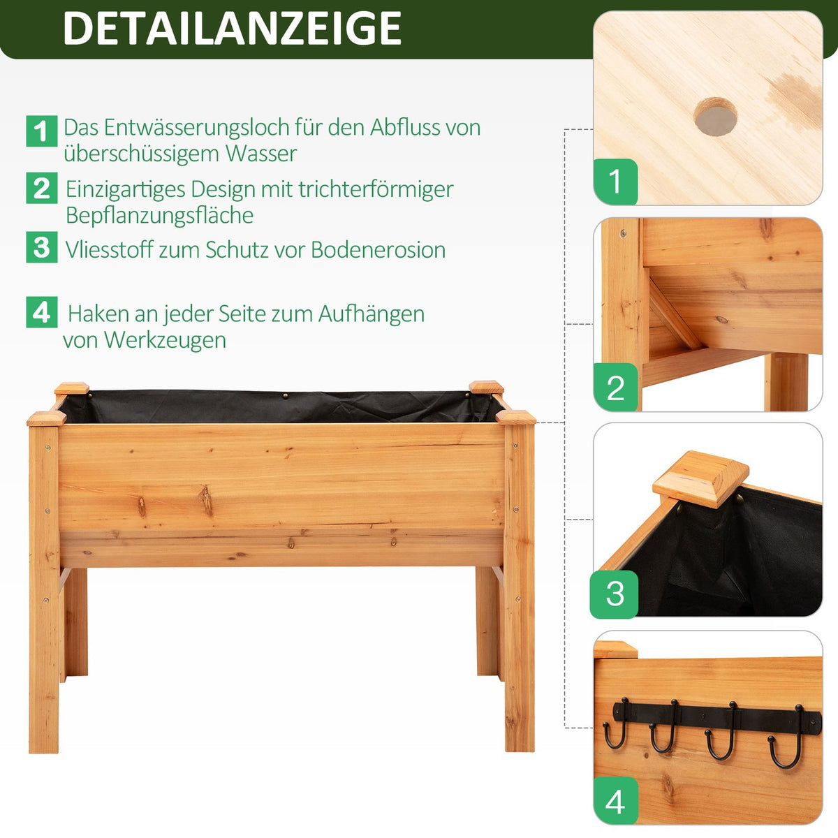 Raised Bed Herb Bed Plant Box Made Of Wood With Drainage Hole & Hooks, Flower Box On Feet, 124X60X81 Cm, Natural