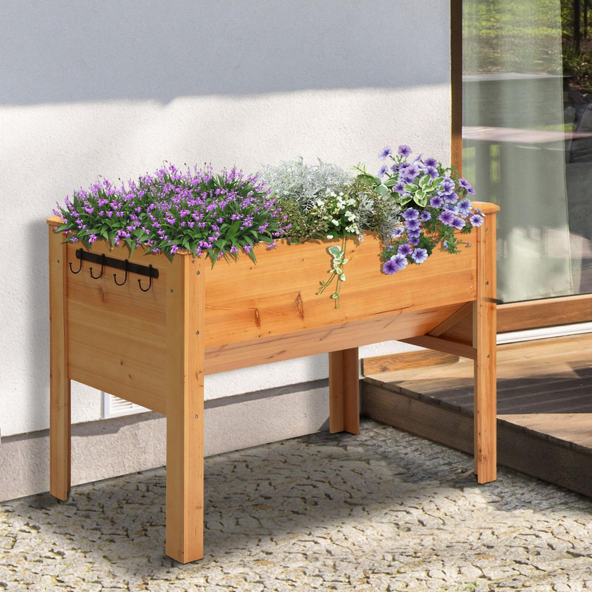 Raised Bed Herb Bed Plant Box Made Of Wood With Drainage Hole & Hooks, Flower Box On Feet, 124X60X81 Cm, Natural