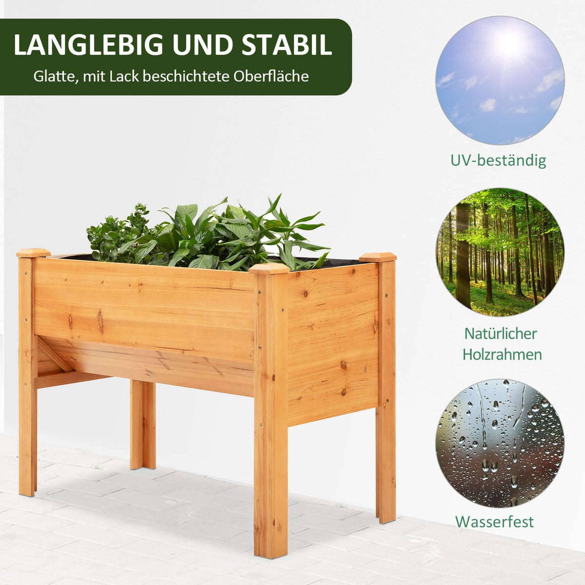 Raised Bed Herb Bed Plant Box Made Of Wood With Drainage Hole & Hooks, Flower Box On Feet, 124X60X81 Cm, Natural