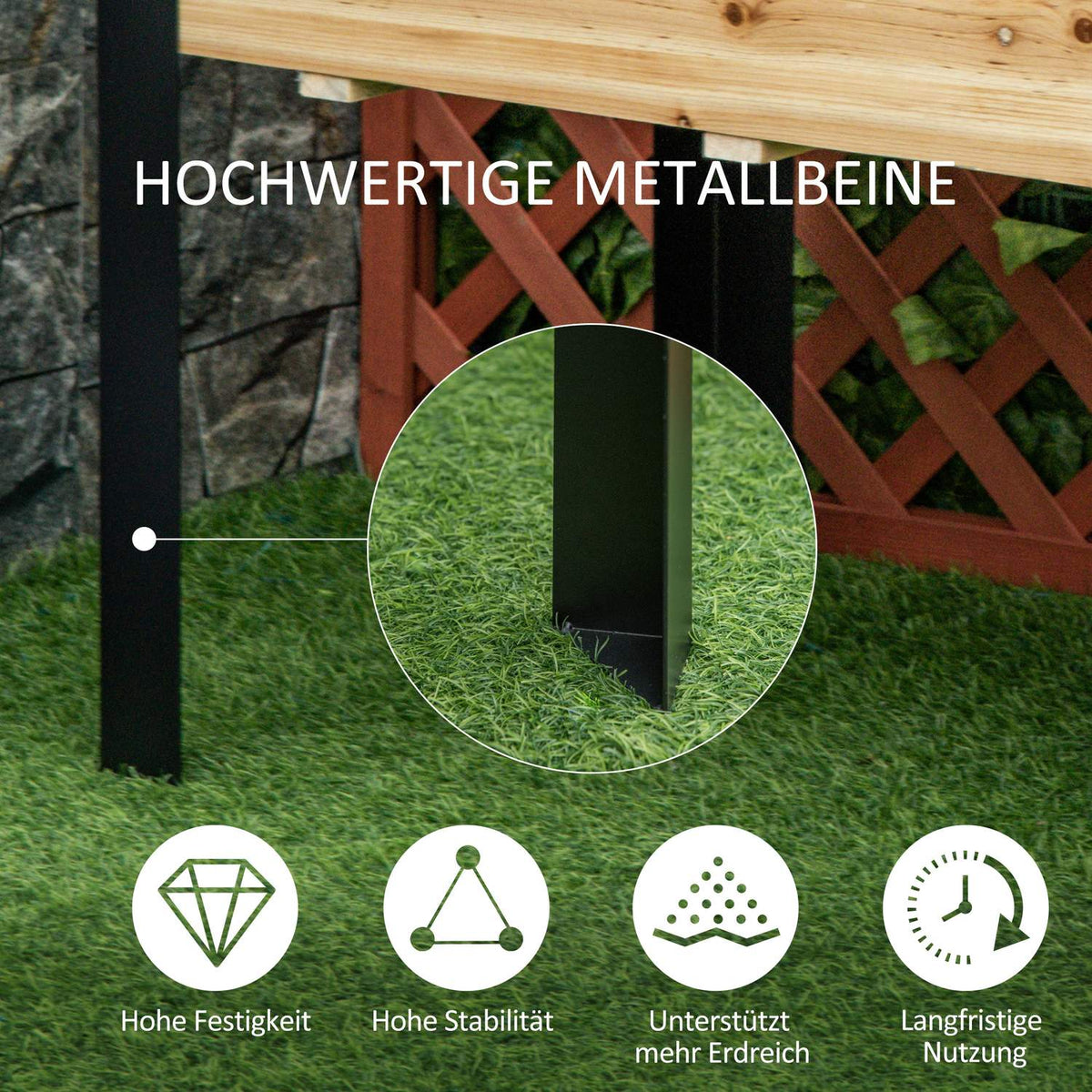 Raised Bed Large Plant Box Made Of Solid Wood & Steel, 120X60X74Cm, Natural+Black