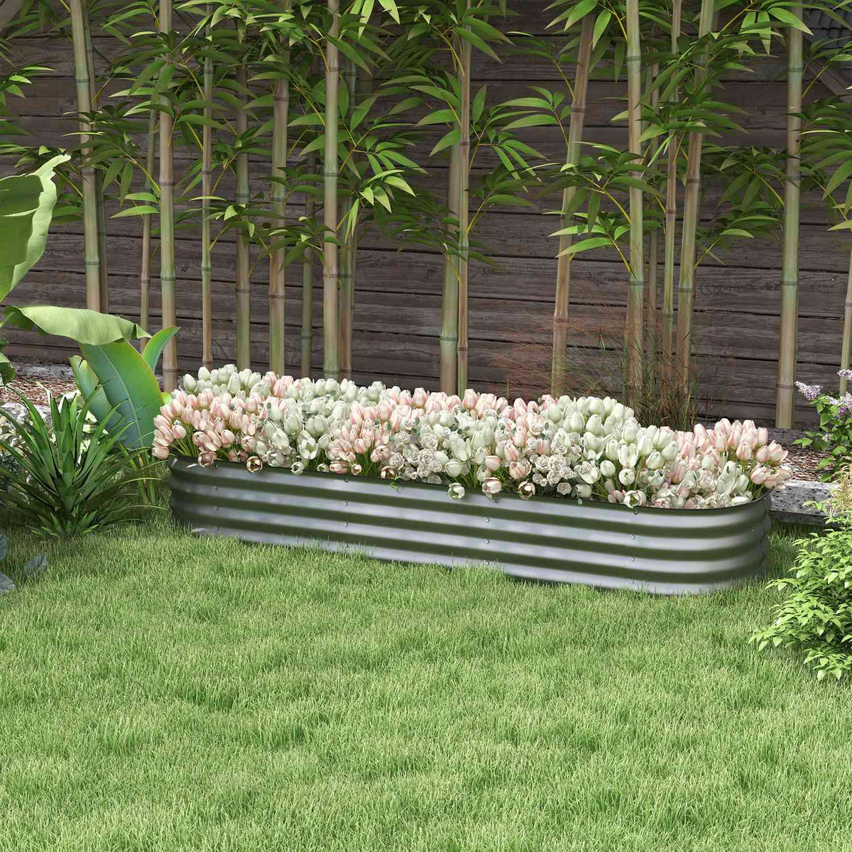 Raised Bed Metal Planter Box 195x62x30cm DIY Flower Box with Open Bottom for Garden Balcony Silver