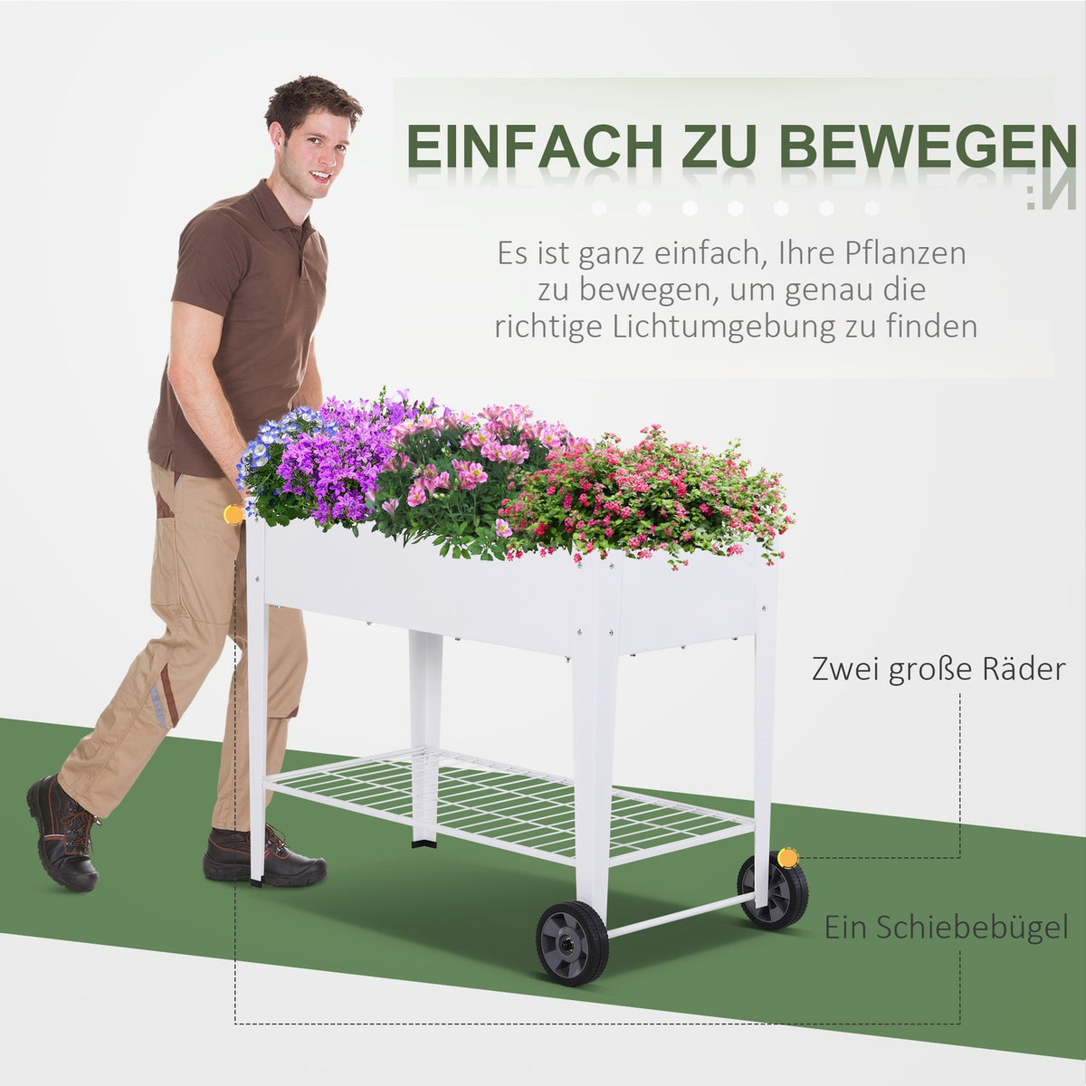 Raised Bed Mobile Plant Trolley With Storage Space Plant Bed With 2 Wheels Metal White 112 X 59 X 80 Cm