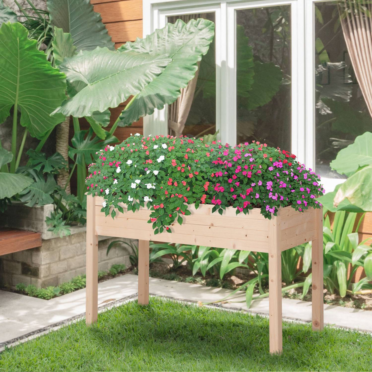 Raised Bed, Plant Box, Flower Box, Flower Pot, Herb Bed With Drainage Holes, Non-Woven Fabric Cloth, Solid Natural Wood 122.5 X 56.5 X 76 Cm