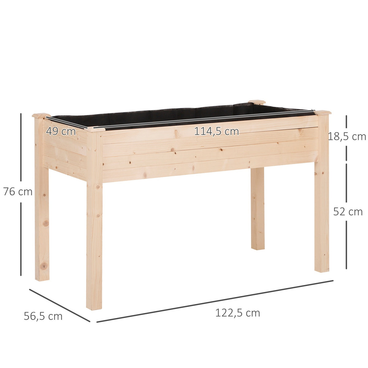 Raised Bed, Plant Box, Flower Box, Flower Pot, Herb Bed With Drainage Holes, Non-Woven Fabric Cloth, Solid Natural Wood 122.5 X 56.5 X 76 Cm