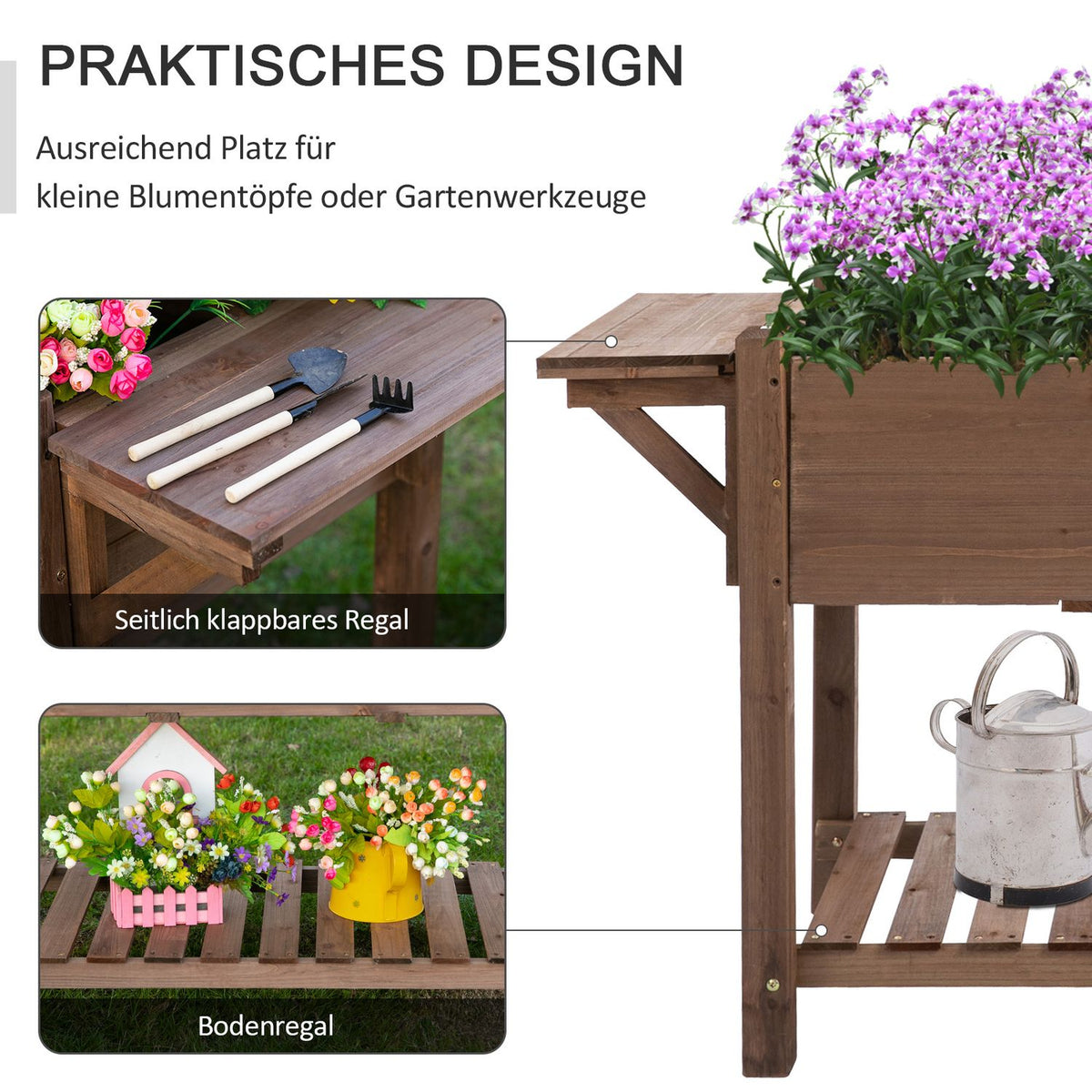 Raised Bed Planter Box With 8 Grids & Foldable Shelf, Solid Wood, Brown, 123X54X74Cm