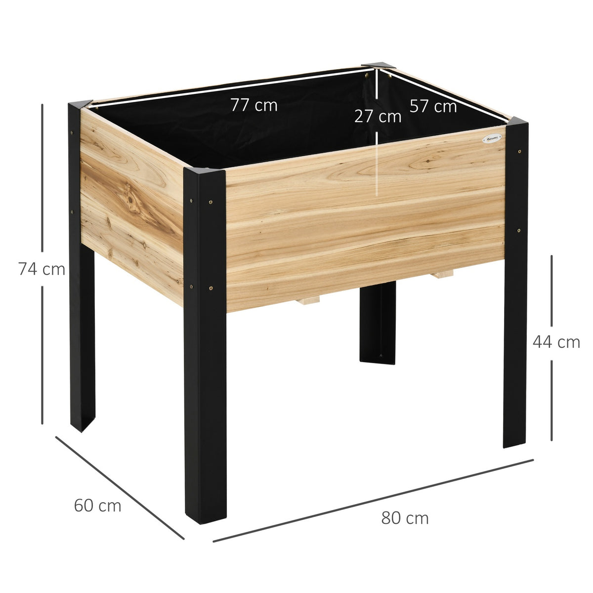 Raised Bed Planter Made Of Solid Wood And Steel With Non-Woven Fabric, 80X60X74Cm, Natural + Black