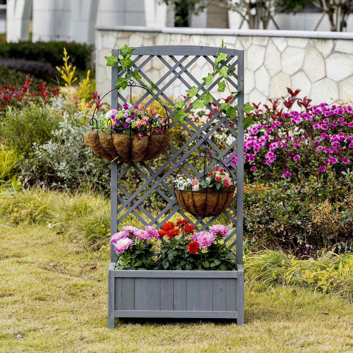 Raised Bed Planter With Trellis, Wood, Gray, 60X30X122.5Cm