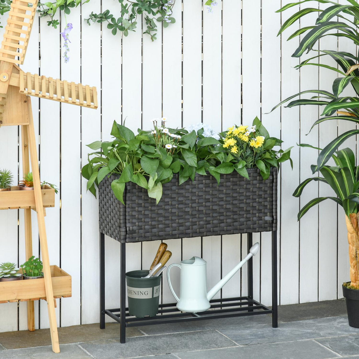 Raised Bed Poly Rattan Flower Box With Feet And Shelf, Brown, 70 X 30 X 72 Cm