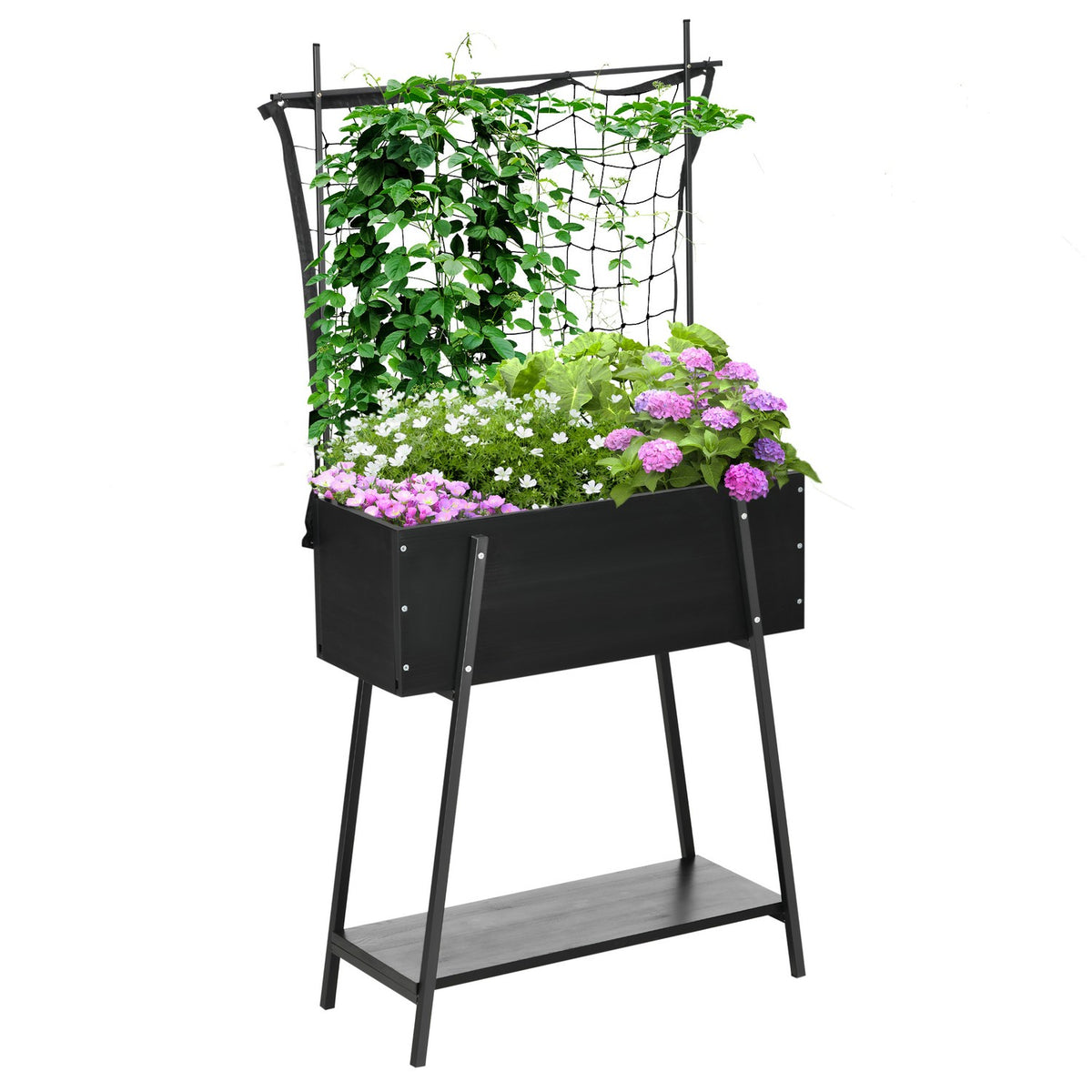 Raised Bed Trellis Flower Box With Shelf, Weatherproof For Patio, Solid Wood, Black, 89X34X168Cm