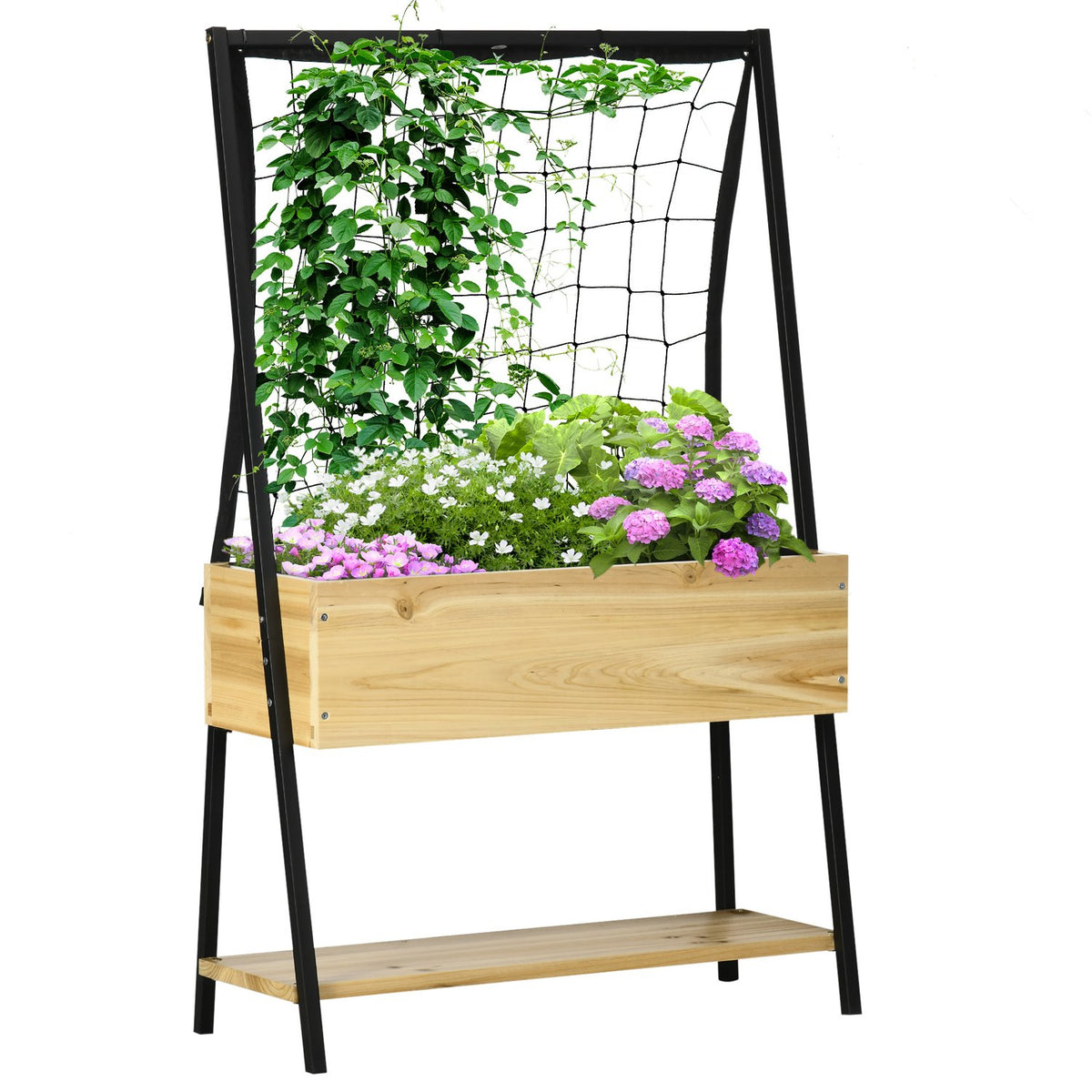 Raised Bed Trellis Plant Box With Shelf & Fleece Interior Lining, Flower Box, Natural, 80X30X128Cm