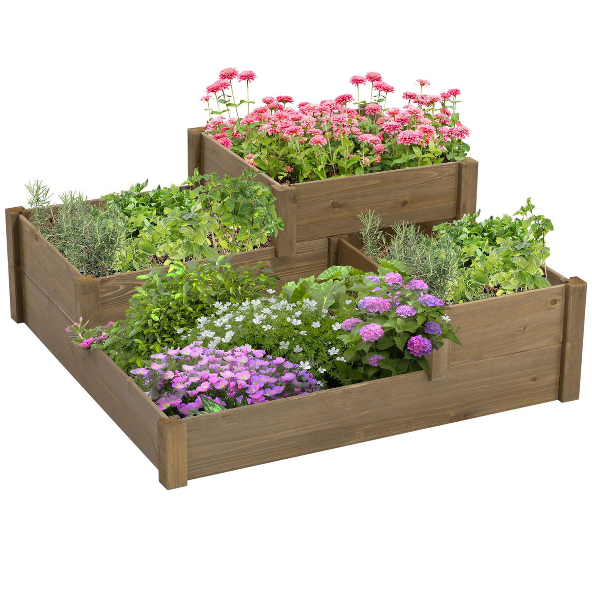 Raised Bed Vegetable Bed Flower Box With 3 Steps, Plant Box For Herbs On The Terrace And Balcony, Fir Wood, Brown, 122 X 122 X 51 Cm