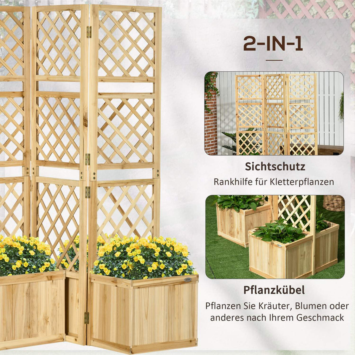 Raised Bed With Folding Trellis, Plant Box With Privacy Screen, 133 X 165 Cm Room Divider With 4 Flower Boxes, Room Divider For Balcony