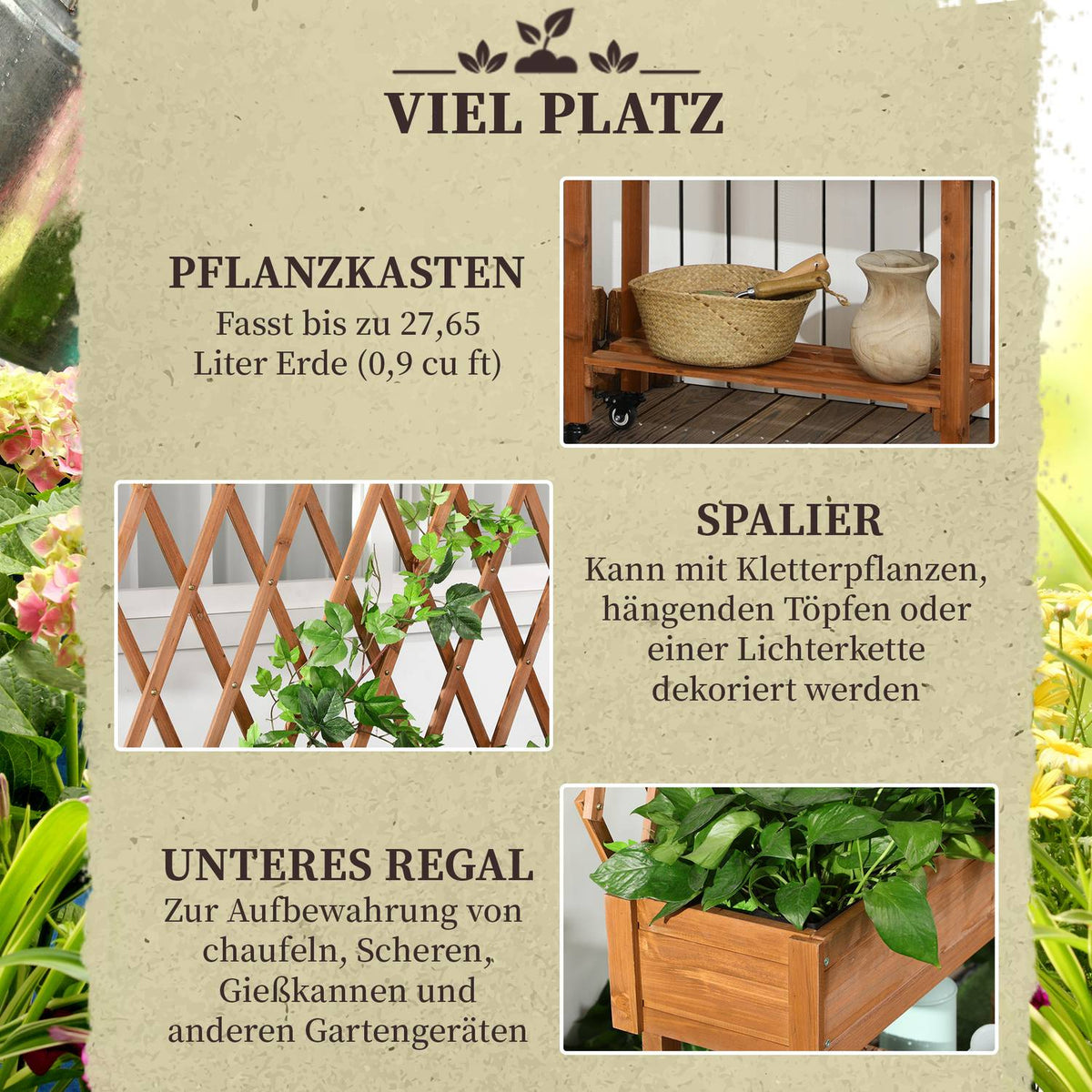Raised Bed With Trellis Flower Box On Wheels & Shelf, Solid Wood, For Patio, Brown, 79X29X130Cm