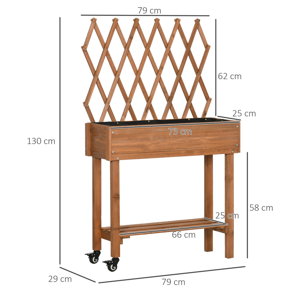 Raised Bed With Trellis Flower Box On Wheels & Shelf, Solid Wood, For Patio, Brown, 79X29X130Cm